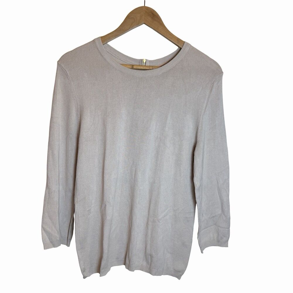 Philosophy Sweater Women's Size Med Beige 3/4 Sleeve Lightweight Zip Back Crew